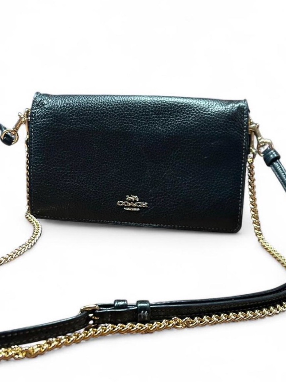 Coach Black Pebbled Leather Crossbody with Gold Chain Strap